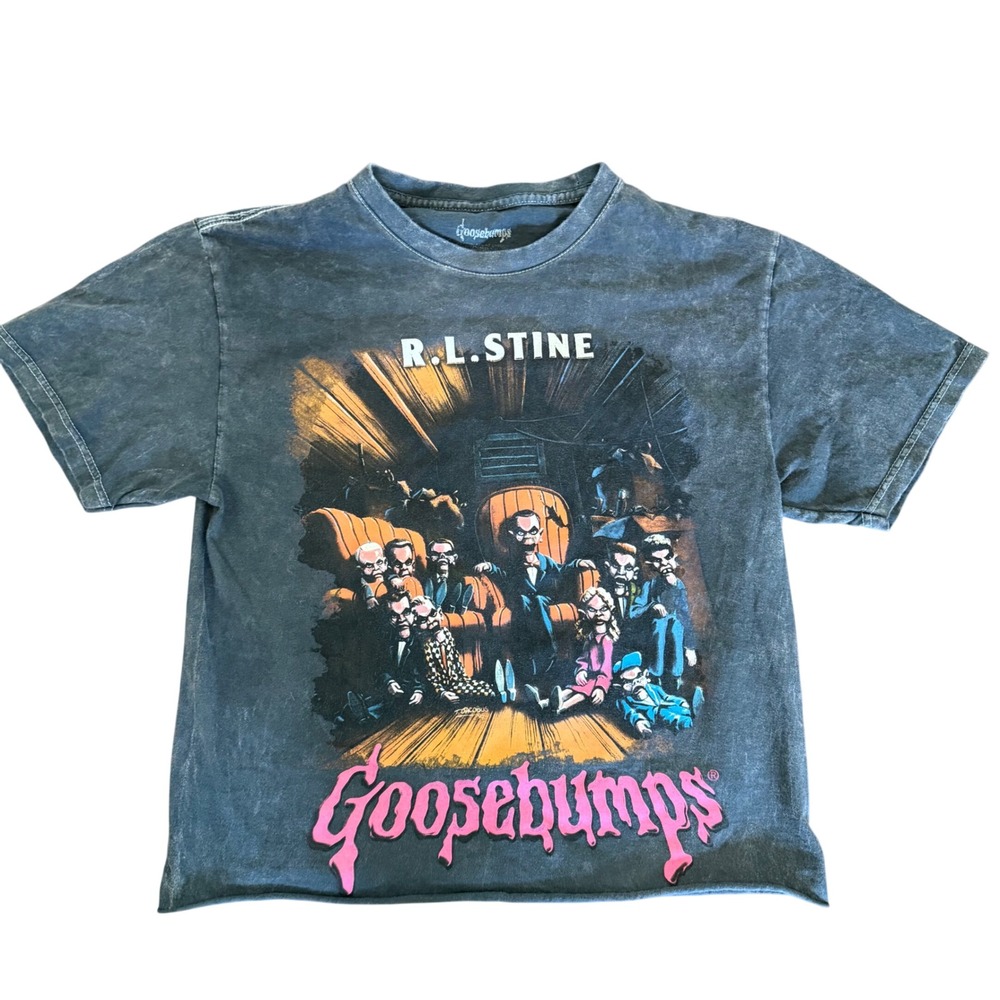 Goosebumps RL Stine Slappy the Dummy Graphic Tee Acid Wash Grey Raw Hem Medium‎
